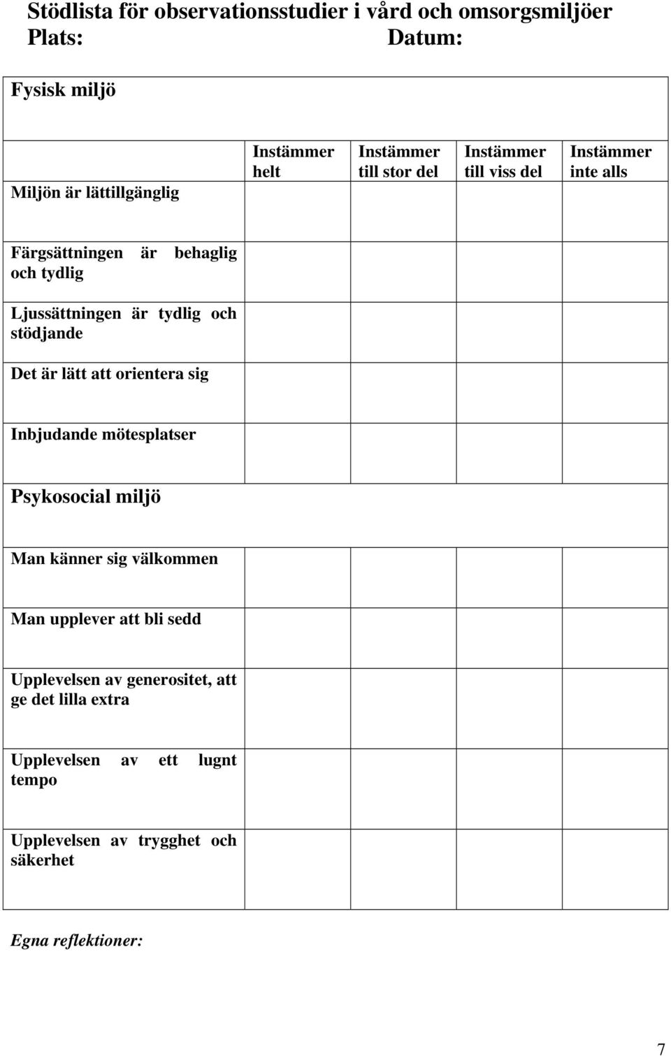 och stödjande Det är lätt att orientera sig Inbjudande mötesplatser Psykosocial miljö Man känner sig välkommen Man upplever att bli