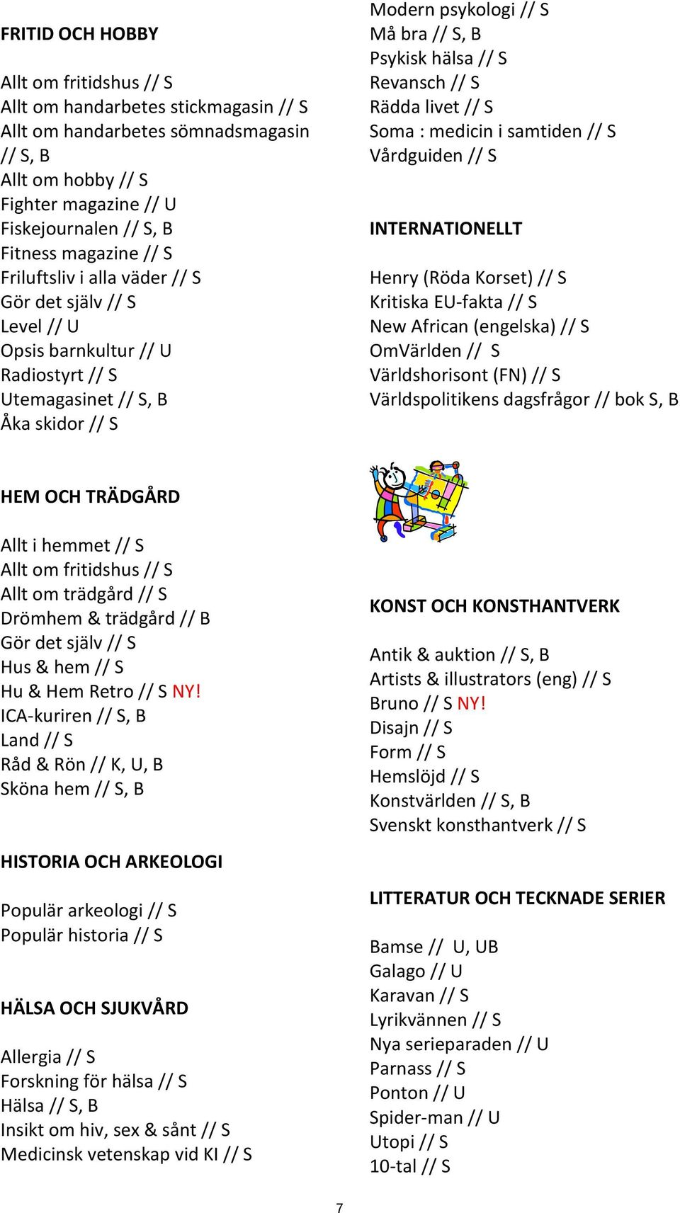 // S Revansch // S Rädda livet // S Soma : medicin i samtiden // S Vårdguiden // S INTERNATIONELLT Henry (Röda Korset) // S Kritiska EU-fakta // S New African (engelska) // S OmVärlden // S