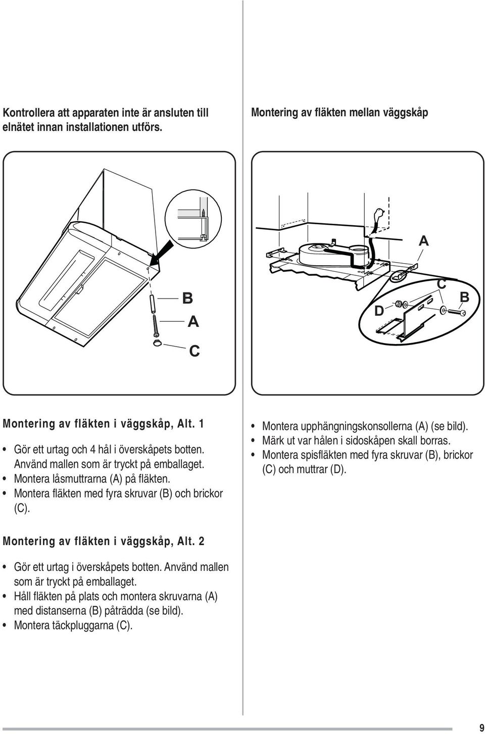 Montera upphängningskonsollerna (A) (se bild). Märk ut var hålen i sidoskåpen skall borras. Montera spisfläkten med fyra skruvar (B), brickor (C) och muttrar (D).