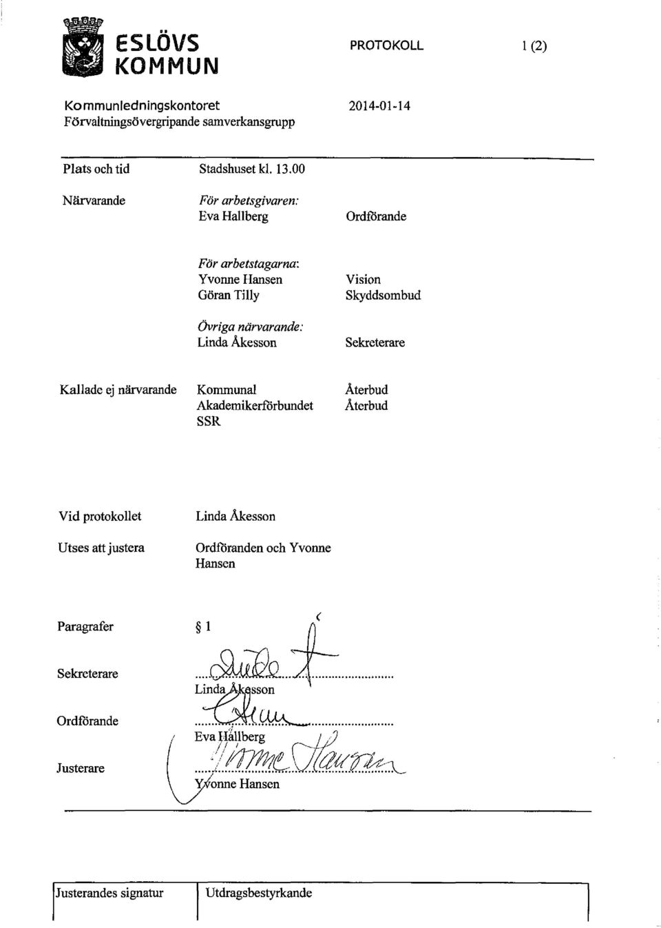 Vision Skyddsombud Sekreterare Kallade ej närvarande Kommunal Återbud Akademikerförbundet Återbud SSR Vid protokollet Utses att