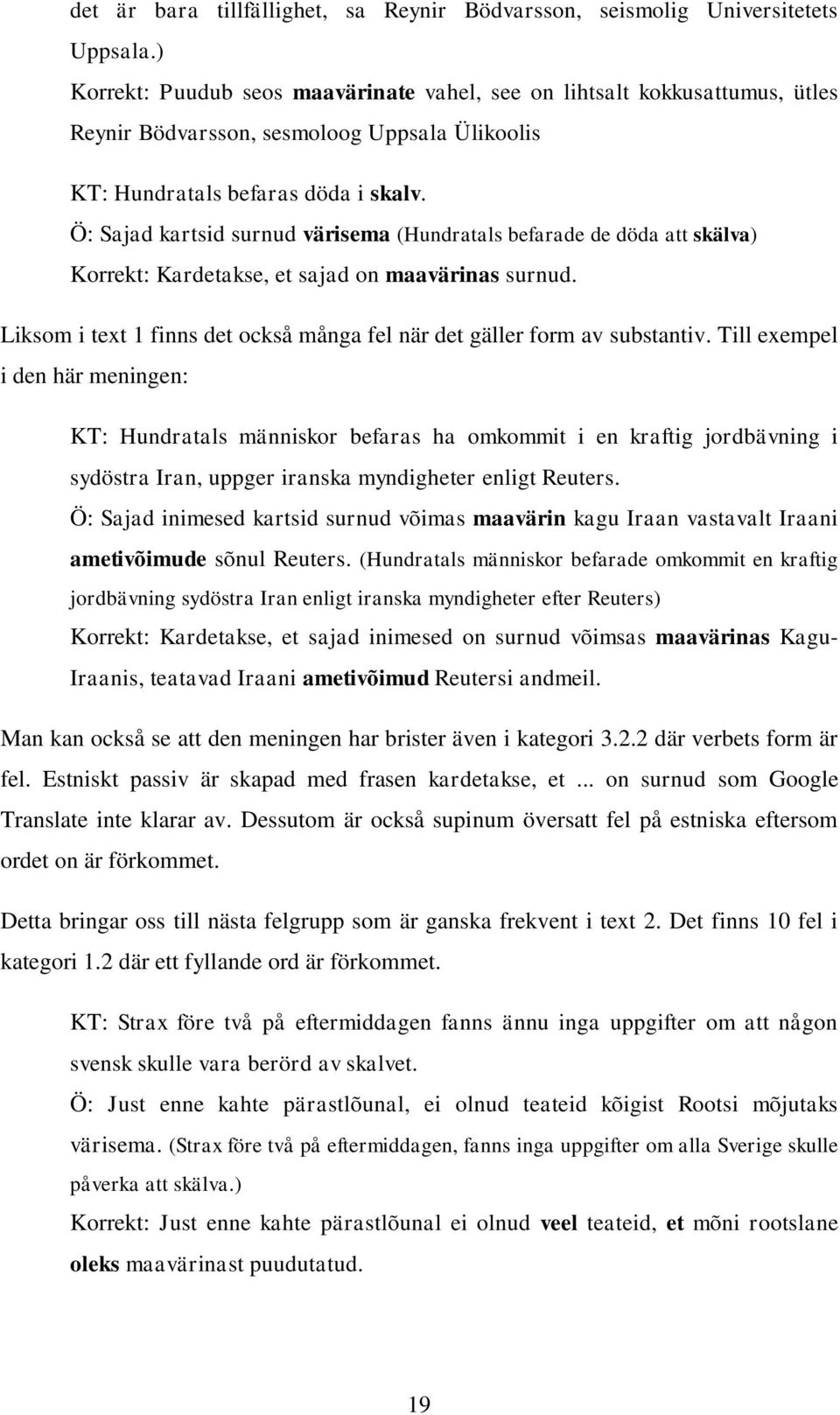 Ö: Sajad kartsid surnud värisema (Hundratals befarade de döda att skälva) Korrekt: Kardetakse, et sajad on maavärinas surnud.