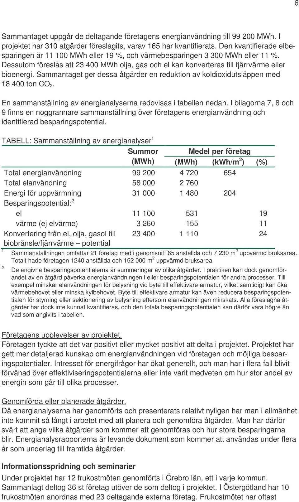 Sammantaget ger dessa åtgärder en reduktion av koldioxidutsläppen med 18 400 ton CO 2. En sammanställning av energianalyserna redovisas i tabellen nedan.