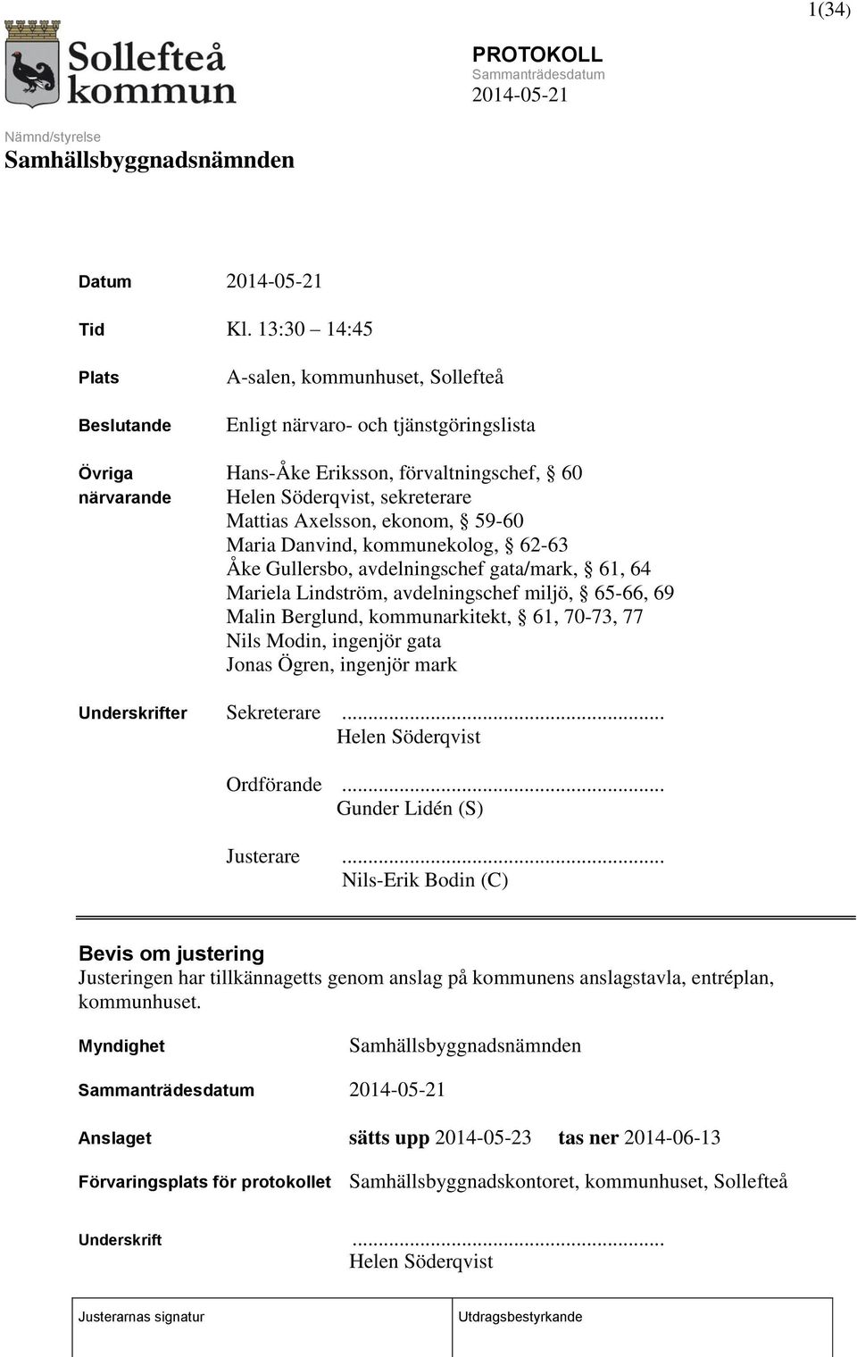 Axelsson, ekonom, 59-60 Maria Danvind, kommunekolog, 62-63 Åke Gullersbo, avdelningschef gata/mark, 61, 64 Mariela Lindström, avdelningschef miljö, 65-66, 69 Malin Berglund, kommunarkitekt, 61,