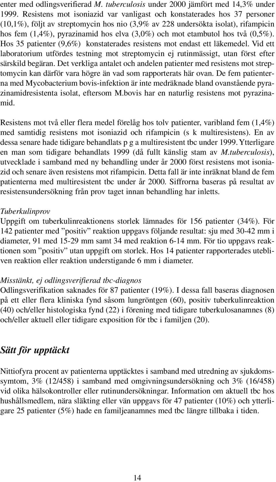 och mot etambutol hos två (0,5%). Hos 35 patienter (9,6%) konstaterades resistens mot endast ett läkemedel.