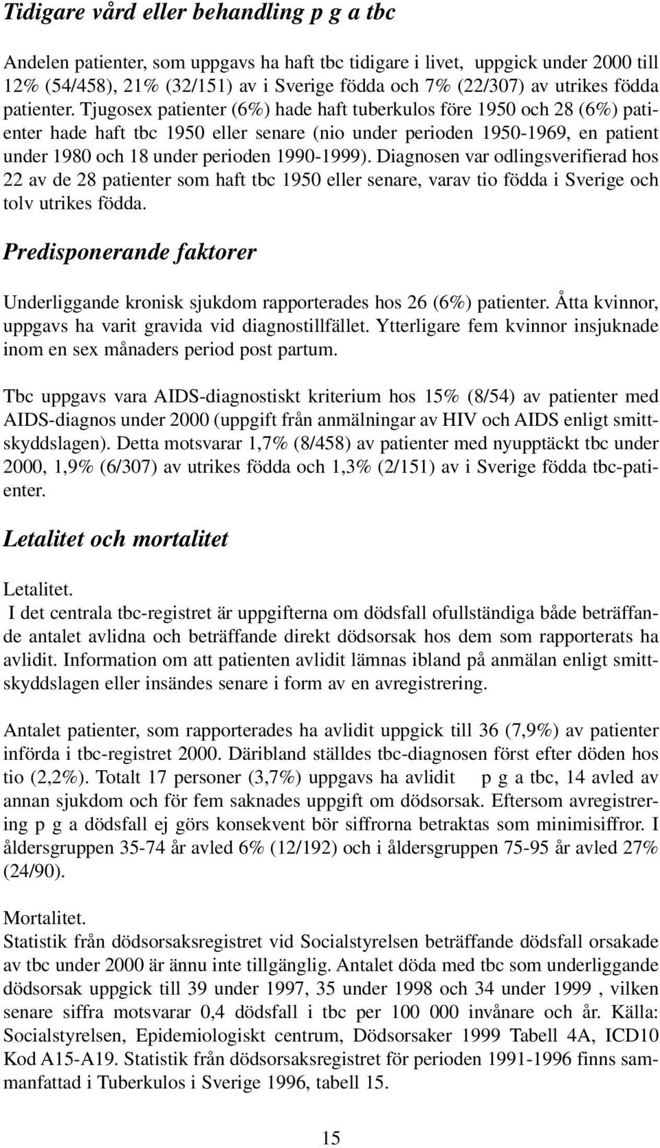 Tjugosex patienter (6%) hade haft tuberkulos före 1950 och 28 (6%) patienter hade haft tbc 1950 eller senare (nio under perioden 1950-1969, en patient under 1980 och 18 under perioden 1990-1999).