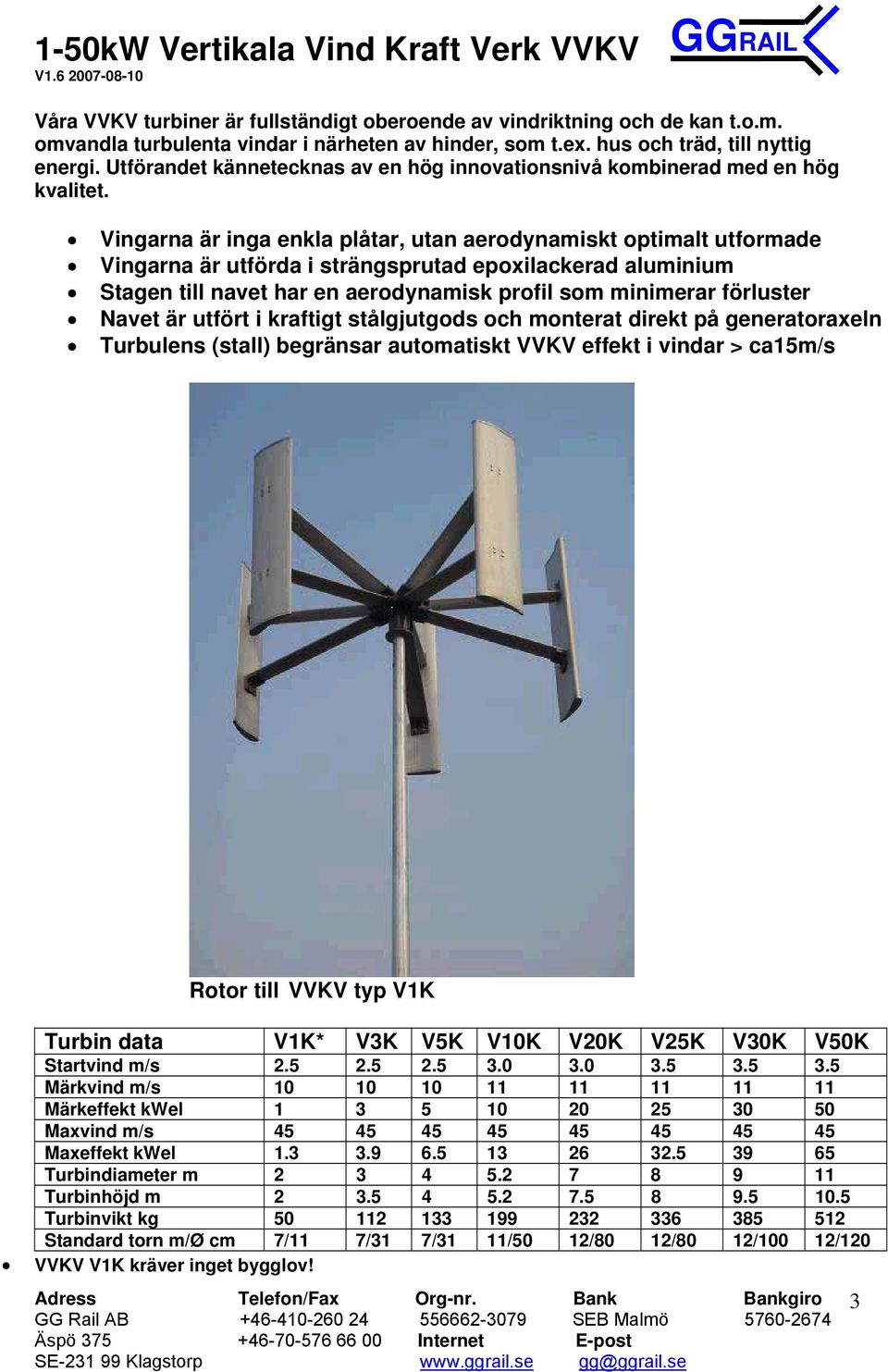 Vingarna är inga enkla plåtar, utan aerodynamiskt optimalt utformade Vingarna är utförda i strängsprutad epoxilackerad aluminium Stagen till navet har en aerodynamisk profil som minimerar förluster