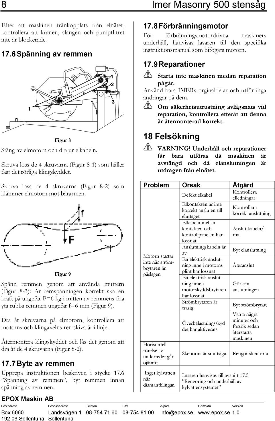 8 Förbränningsmotor För förbränningsmotordrivna maskiners underhåll, hänvisas läsaren till den specifika instruktionsmanual som bifogats motorn. 17.