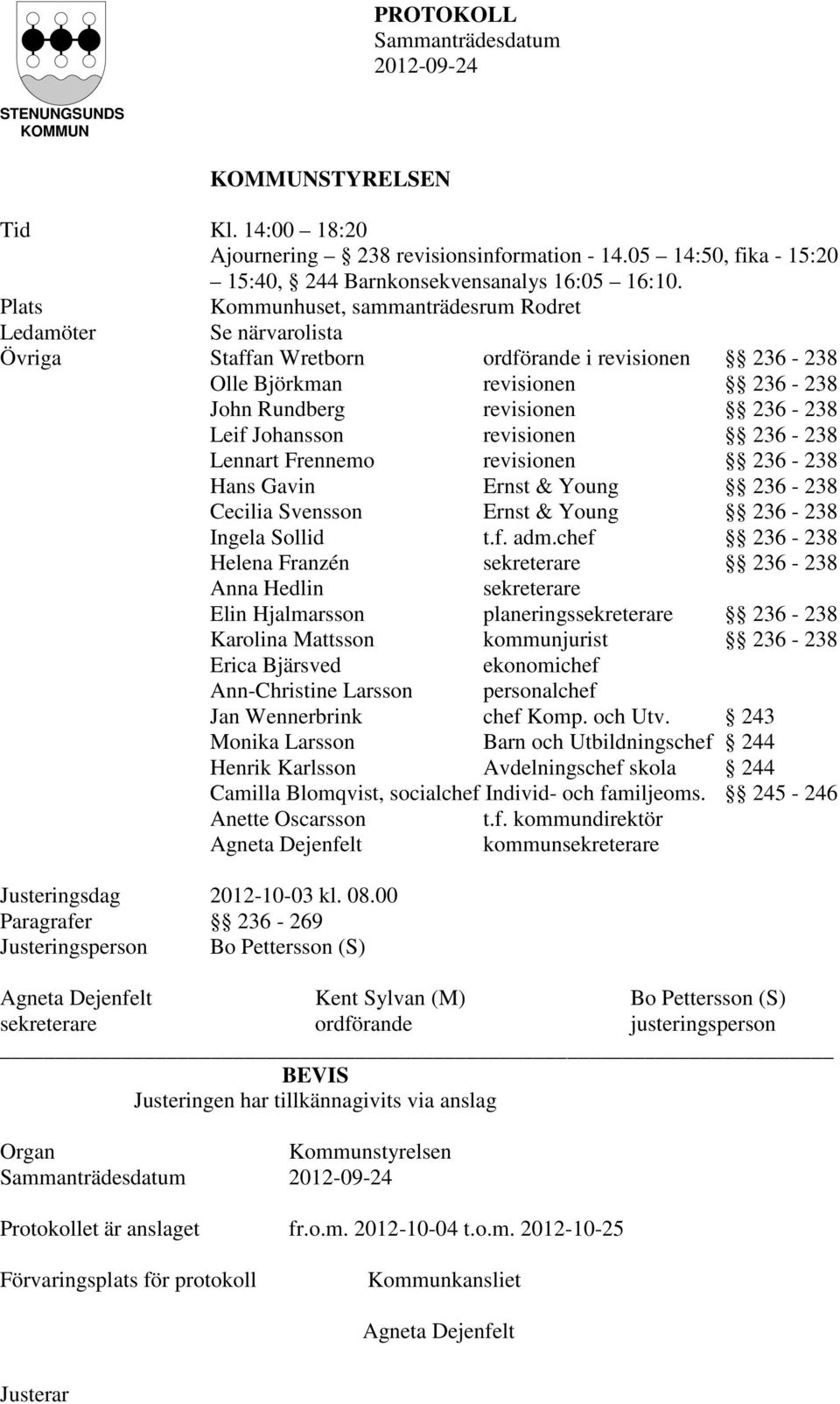 Johansson revisionen 236-238 Lennart Frennemo revisionen 236-238 Hans Gavin Ernst & Young 236-238 Cecilia Svensson Ernst & Young 236-238 Ingela Sollid t.f. adm.