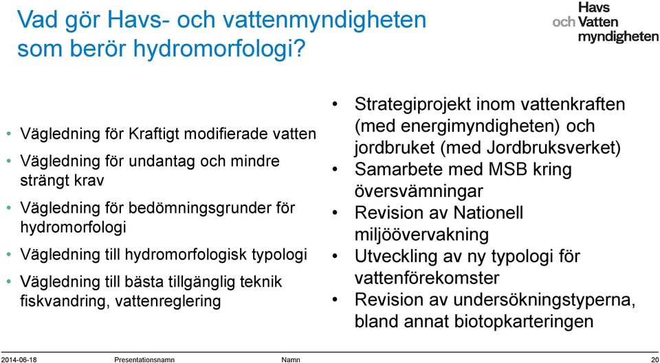 hydromorfologisk typologi Vägledning till bästa tillgänglig teknik fiskvandring, vattenreglering Strategiprojekt inom vattenkraften (med energimyndigheten) och