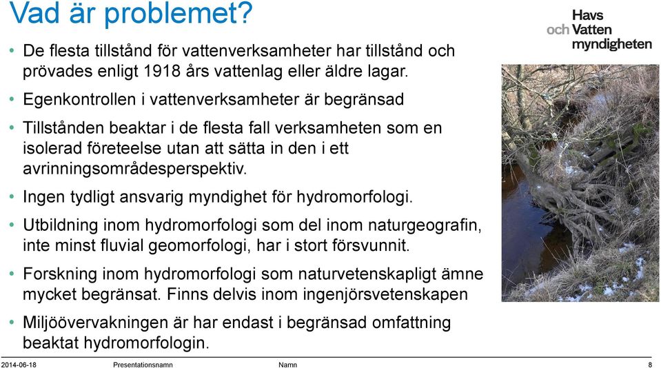 avrinningsområdesperspektiv. Ingen tydligt ansvarig myndighet för hydromorfologi.