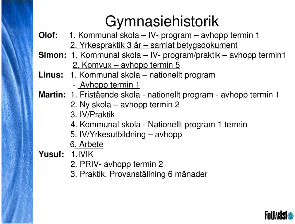 Kommunal skola nationellt program - Avhopp termin 1 Martin: 1. Fristående skola - nationellt program - avhopp termin 1 2.