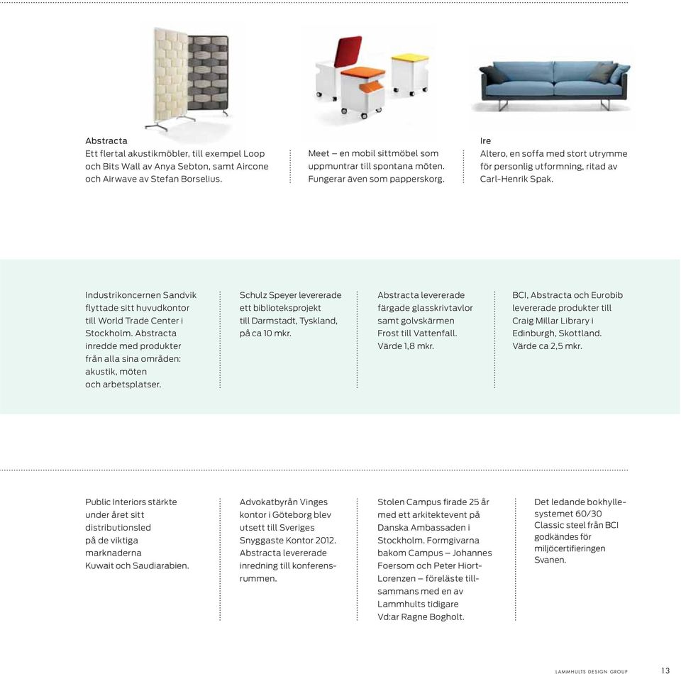 Industrikoncernen Sandvik flyttade sitt huvudkontor till World Trade Center i Stockholm. Abstracta inredde med produkter från alla sina områden: akustik, möten och arbetsplatser.