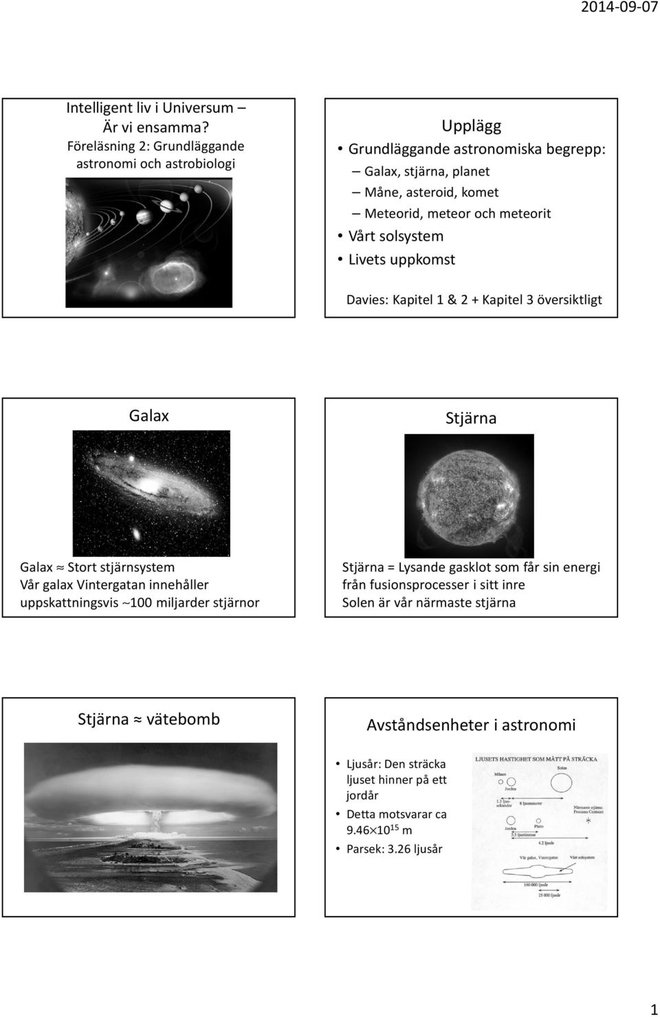 meteorit Vårt solsystem Livets uppkomst Davies: Kapitel 1 & 2 + Kapitel 3 översiktligt Galax Stjärna Galax Stort stjärnsystem Vår galax Vintergatan innehåller