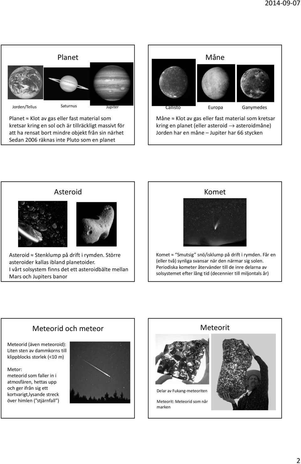 Asteroid Stenklump på drift i rymden. Större asteroider kallas ibland planetoider. I vårt solsystem finns det ett asteroidbälte mellan Mars och Jupiters banor Komet Smutsig snö/isklumppådrift irymden.