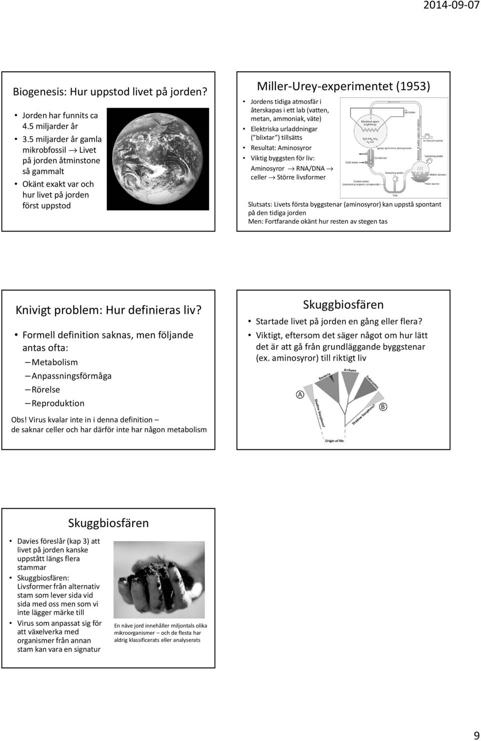 lab(vatten, metan, ammoniak, väte) Elektriska urladdningar ( blixtar ) tillsätts Resultat: Aminosyror Viktig byggsten för liv: Aminosyror RNA/DNA celler Större livsformer Slutsats: Livets första