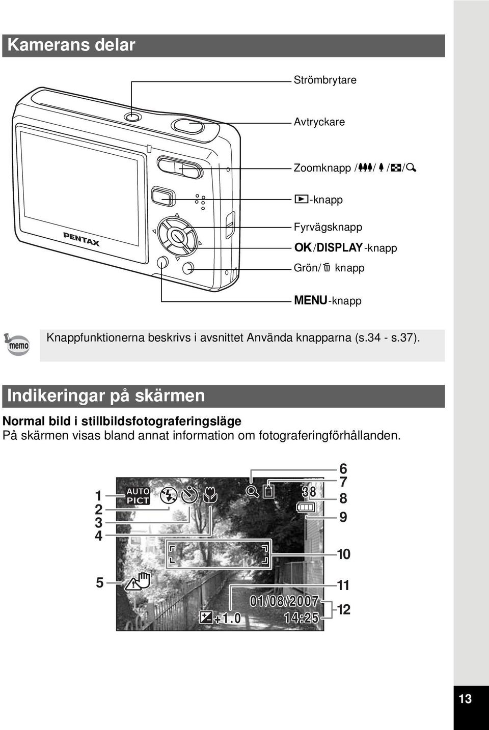 Indikeringar på skärmen Normal bild i stillbildsfotograferingsläge På skärmen visas bland