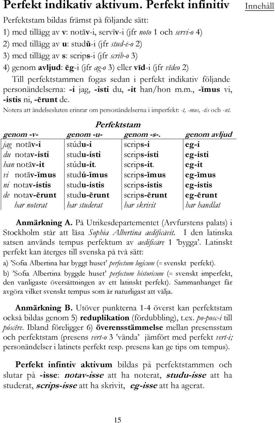 scrips-i (jfr scrib-o 3) 4) genom avljud: ēg-i (jfr ag-o 3) eller vīd-i (jfr vĭdeo 2) Till perfektstammen fogas sedan i perfekt indikativ följande personändelserna: -i jag, -isti du, -it han/hon m.m., -ĭmus vi, -istis ni, -ērunt de.