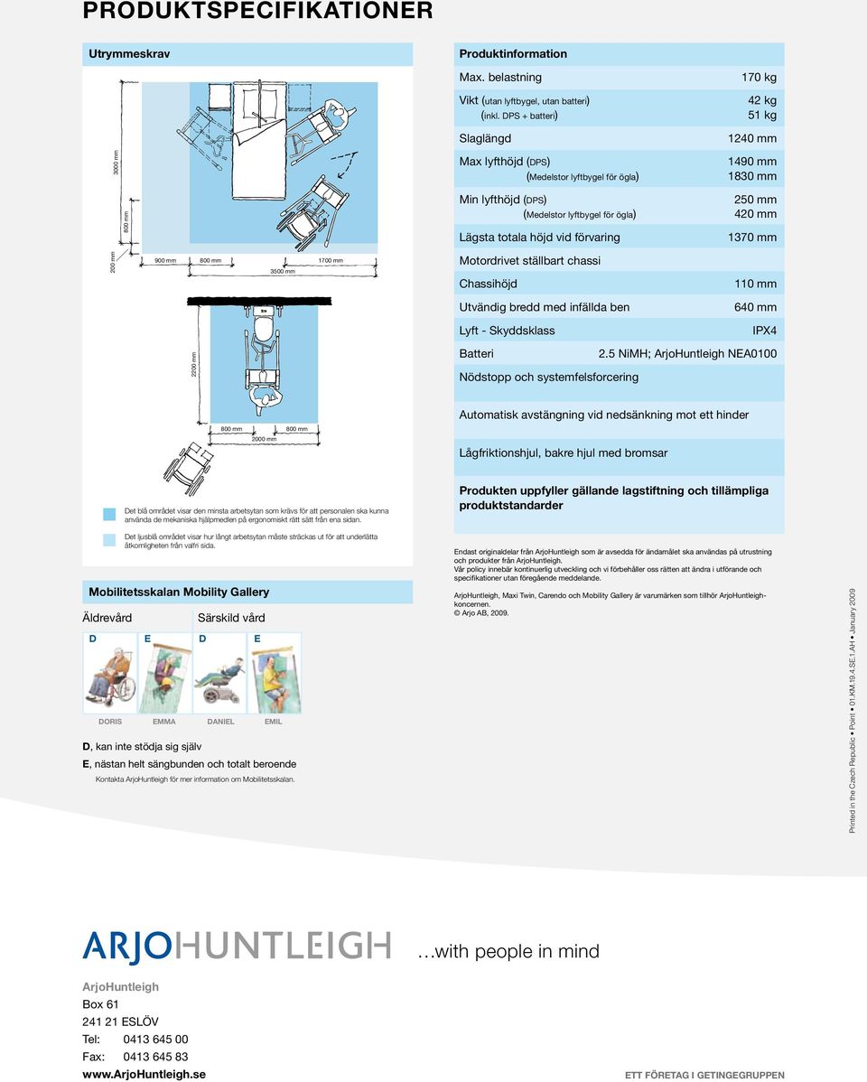 förvaring 250 mm 420 mm 1370 mm 200 mm 900 mm 800 mm 3500 mm 1700 mm Motordrivet ställbart chassi Chassihöjd 110 mm Utvändig bredd med infällda ben 640 mm Lyft - Skyddsklass IPX4 2200 mm Batteri