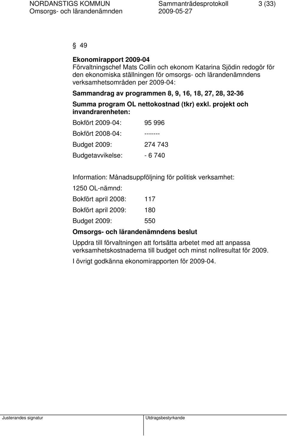 projekt och invandrarenheten: Bokfört 2009-04: 95 996 Bokfört 2008-04: ------- Budget 2009: 274 743 Budgetavvikelse: - 6 740 Information: Månadsuppföljning för politisk verksamhet: 1250