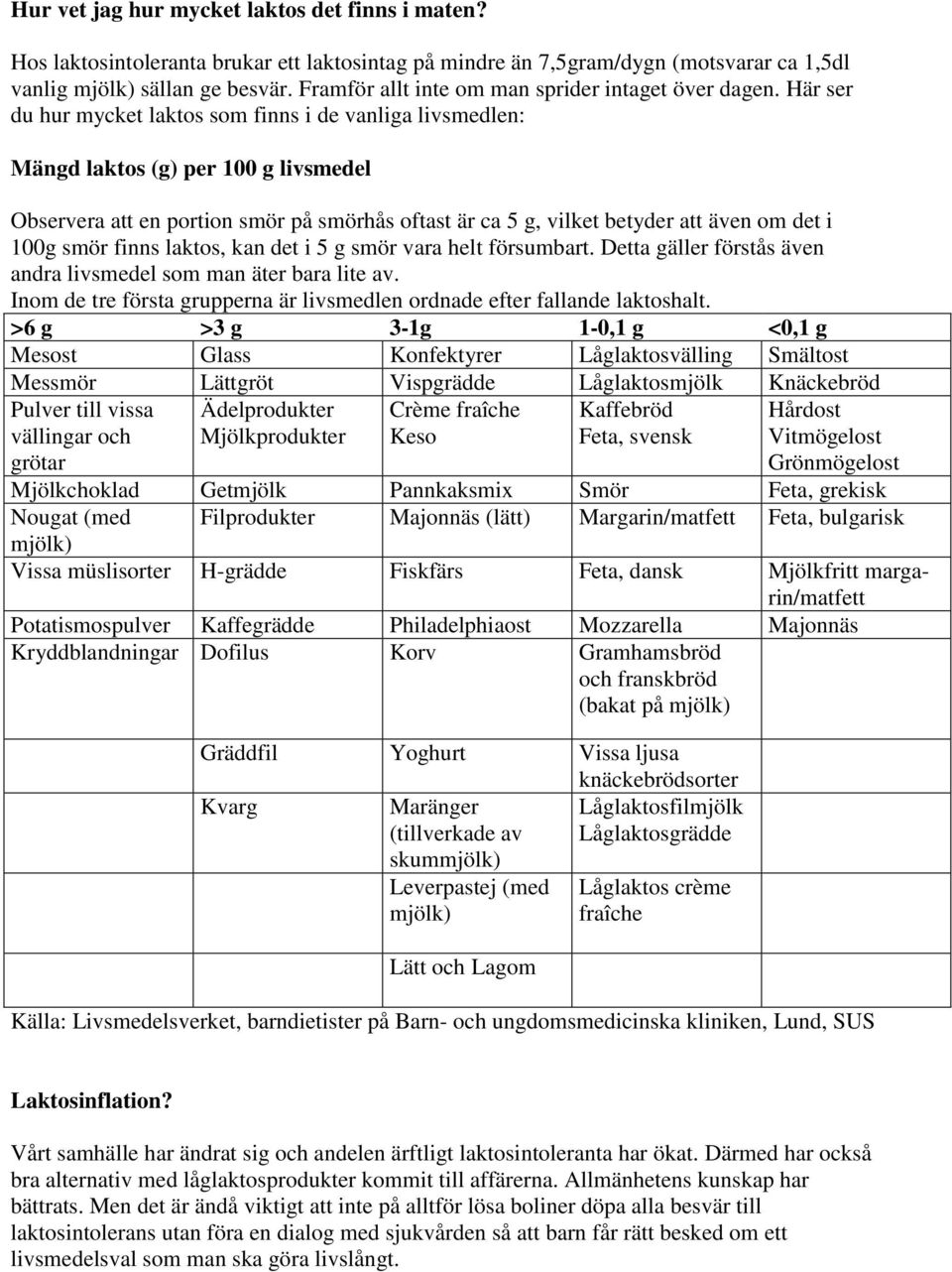 Här ser du hur mycket laktos som finns i de vanliga livsmedlen: Mängd laktos (g) per 100 g livsmedel Observera att en portion smör på smörhås oftast är ca 5 g, vilket betyder att även om det i 100g