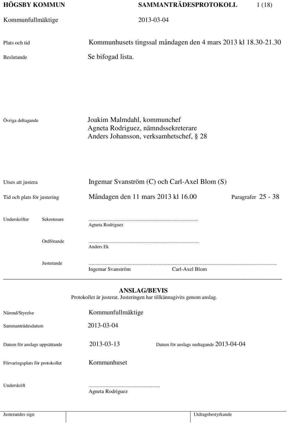 för justering Måndagen den 11 mars 2013 kl 16.00 Paragrafer 25-38 Underskrifter Sekreterare... Agneta Rodriguez Ordförande... Anders Ek Justerande.