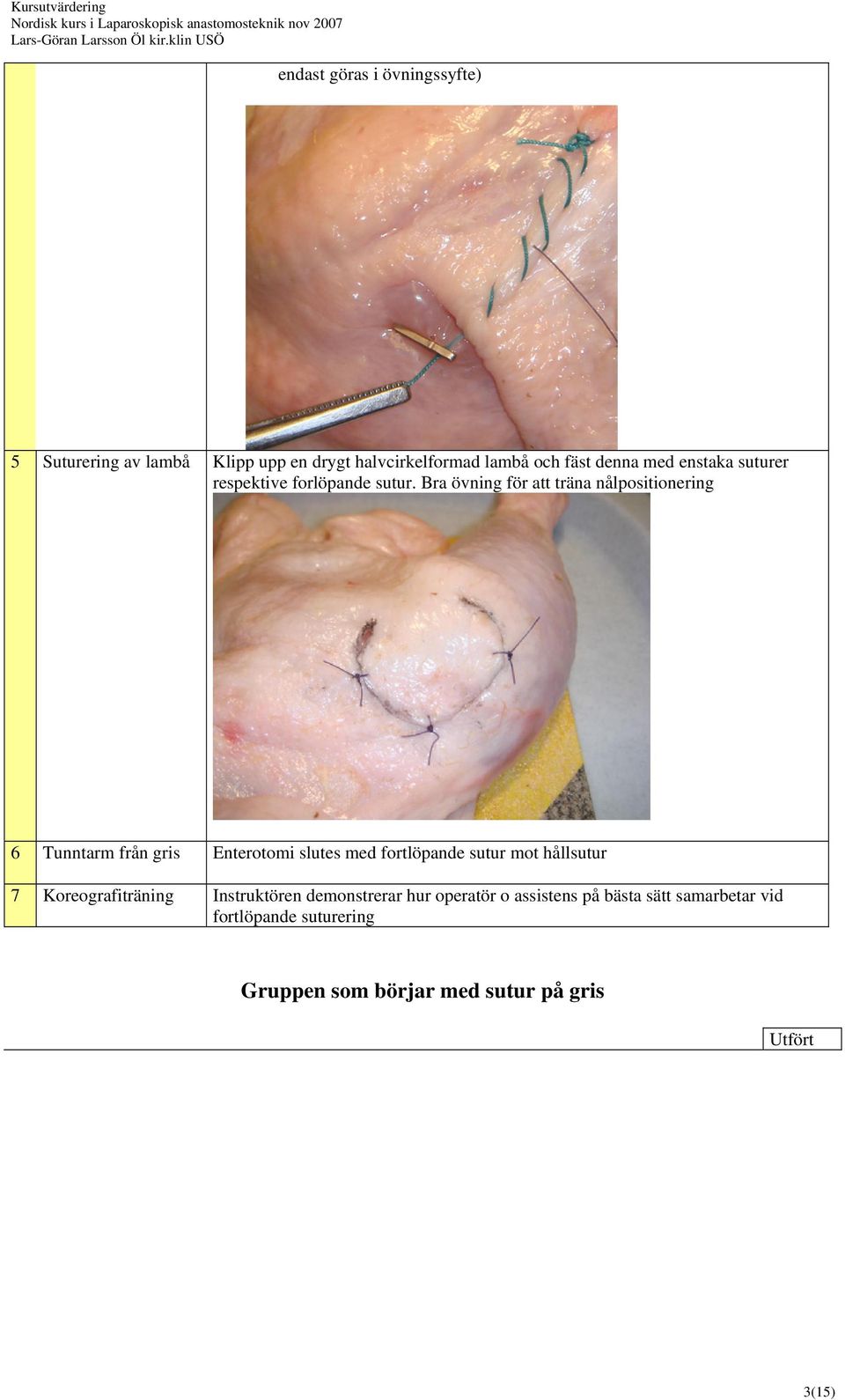 övning för att träna nålpositionering 6 Tunntarm från gris Enterotomi slutes med fortlöpande sutur mot