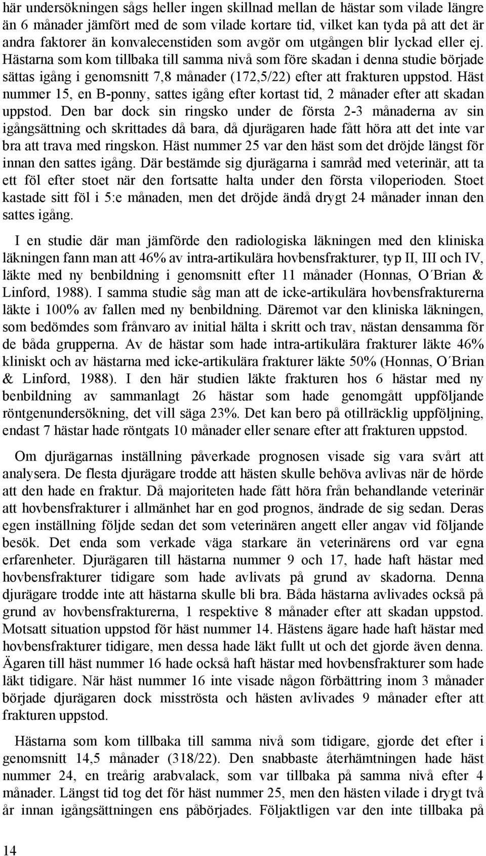 Hästarna som kom tillbaka till samma nivå som före skadan i denna studie började sättas igång i genomsnitt 7,8 månader (172,5/22) efter att frakturen uppstod.