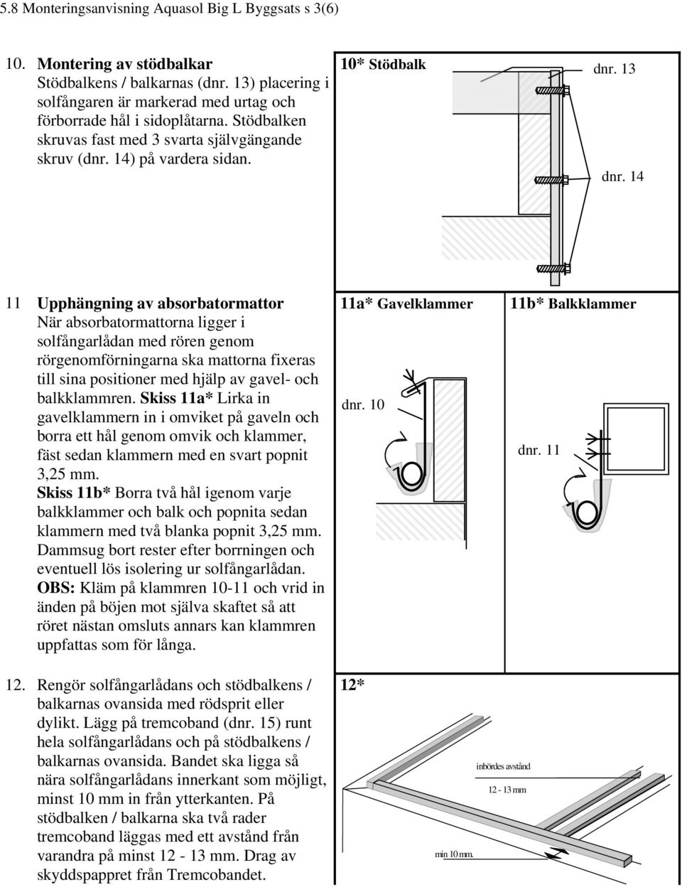 14 Upphängning av absorbatormattor När absorbatormattorna ligger i solfångarlådan med rören genom rörgenomförningarna ska mattorna fixeras till sina positioner med hjälp av gavel- och balkklammren.