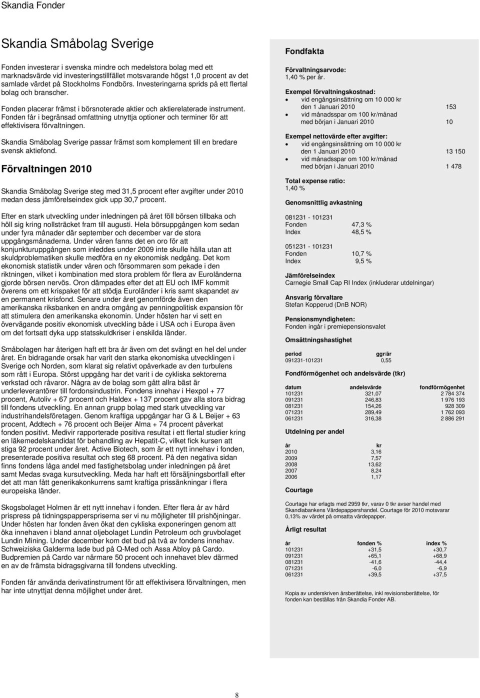 Fonden får i begränsad omfattning utnyttja optioner och terminer för att effektivisera förvaltningen. Skandia Småbolag Sverige passar främst som komplement till en bredare svensk aktiefond.