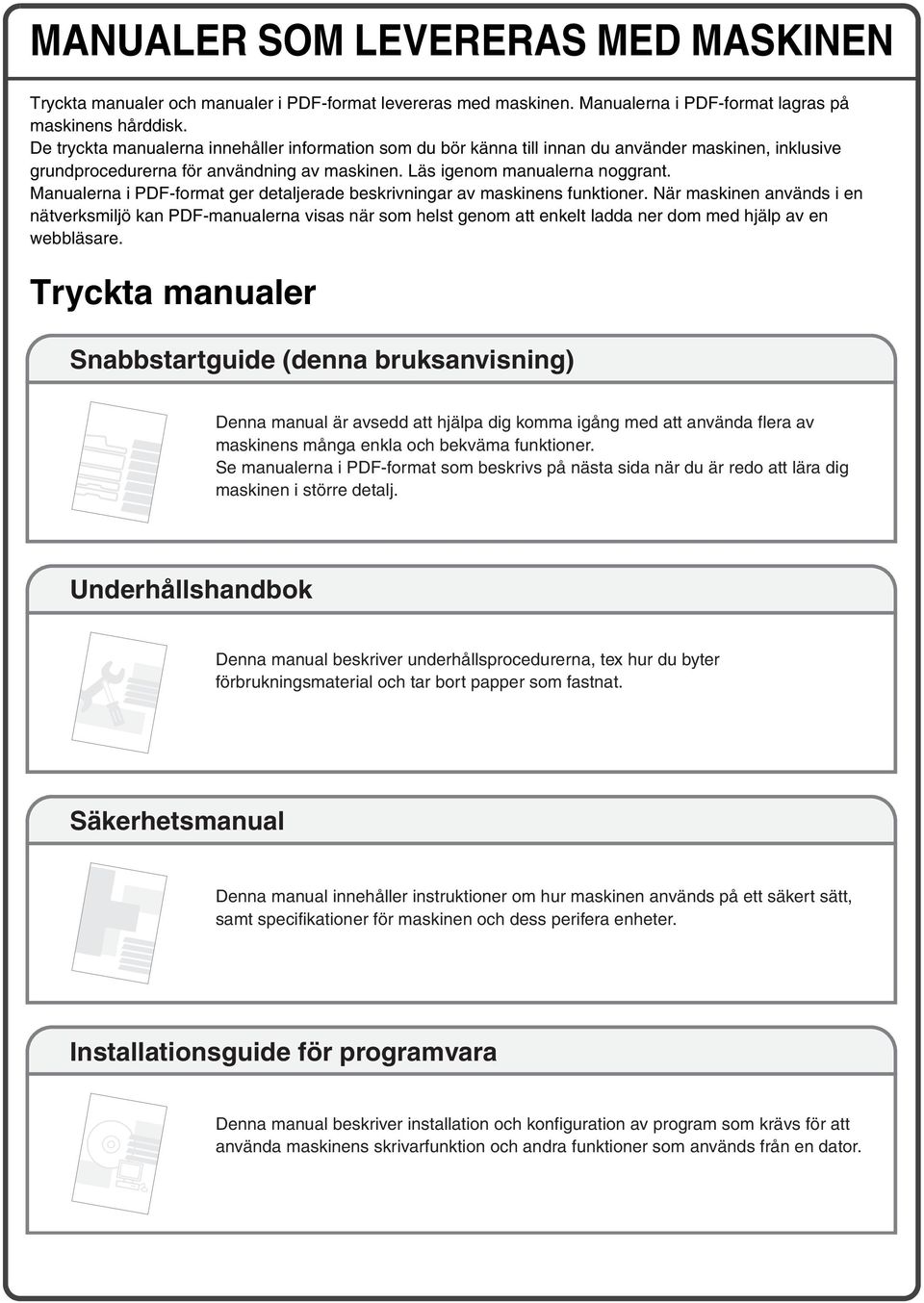 Manualerna i PDF-format ger detaljerade beskrivningar av maskinens funktioner.