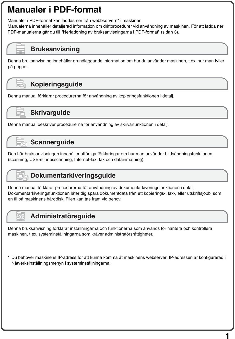 Bruksanvisning Denna bruksanvisning innehåller grundläggande information om hur du använder maskinen, t.ex. hur man fyller på papper.