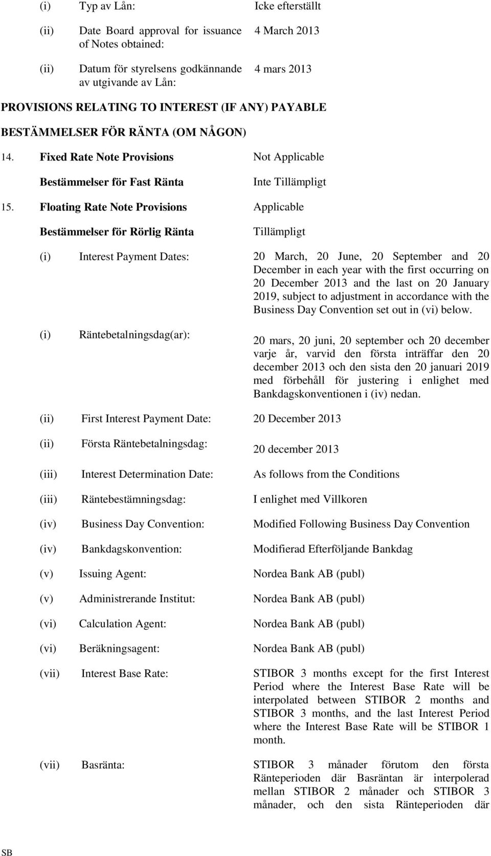 Floating Rate Note Provisions Applicable Bestämmelser för Rörlig Ränta Tillämpligt (i) Interest Payment Dates: 20 March, 20 June, 20 September and 20 December in each year with the first occurring on