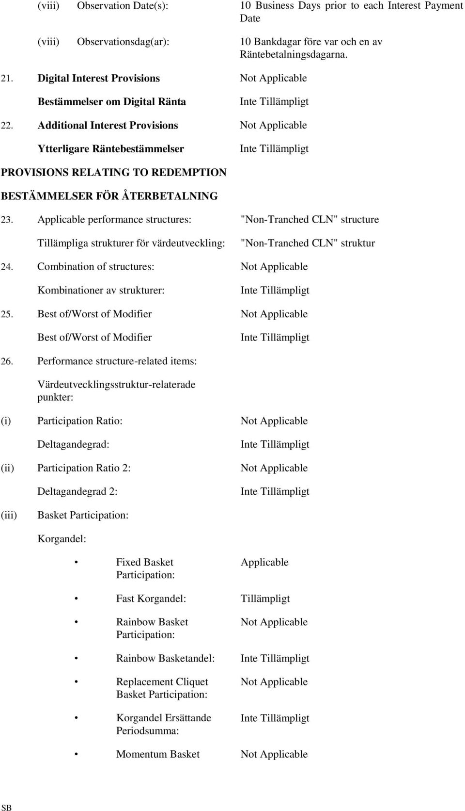 Additional Interest Provisions Not Applicable Ytterligare Räntebestämmelser PROVISIONS RELATING TO REDEMPTION BESTÄMMELSER FÖR ÅTERBETALNING 23.