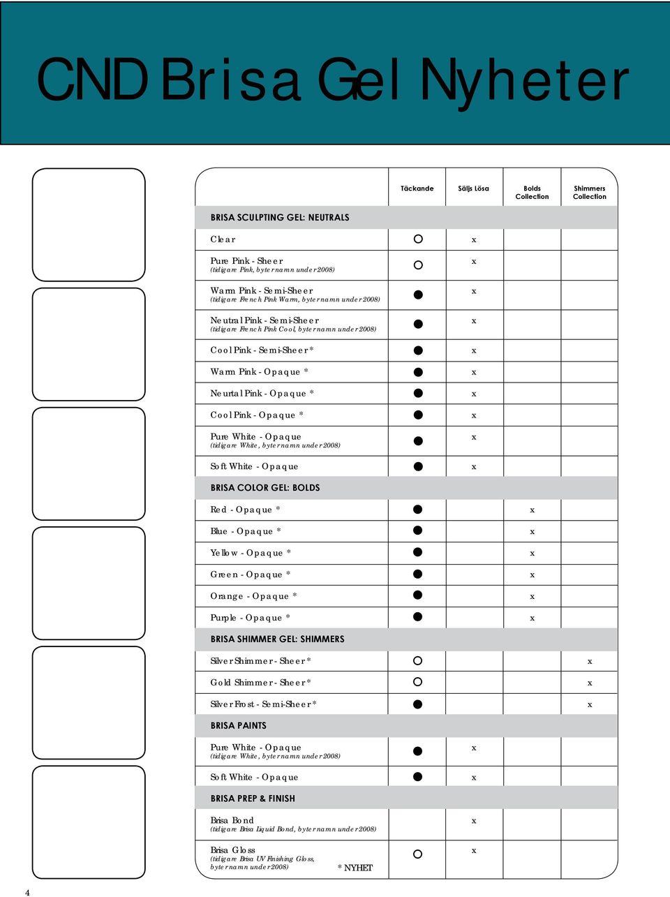 Cool Pink - Opaque * Pure White - Opaque (tidigare White, byter namn under 2008) Soft White - Opaque BRISA COLOR GEL: BOLDS Red - Opaque * Blue - Opaque * Yellow - Opaque * Green - Opaque * Orange -