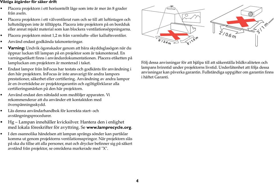 Placera inte projektorn på en bordduk eller annat mjukt material som kan blockera ventilationsöppningarna. Placera projektorn minst 1,2 m från varmlufts- eller kalluftsventiler.