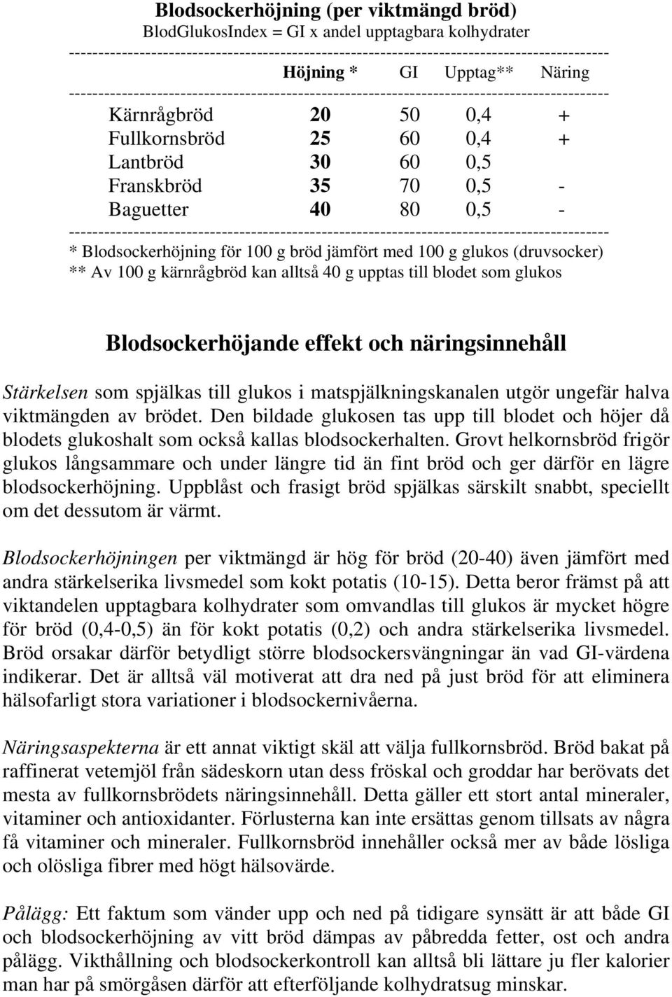 effekt och näringsinnehåll Stärkelsen som spjälkas till glukos i matspjälkningskanalen utgör ungefär halva viktmängden av brödet.