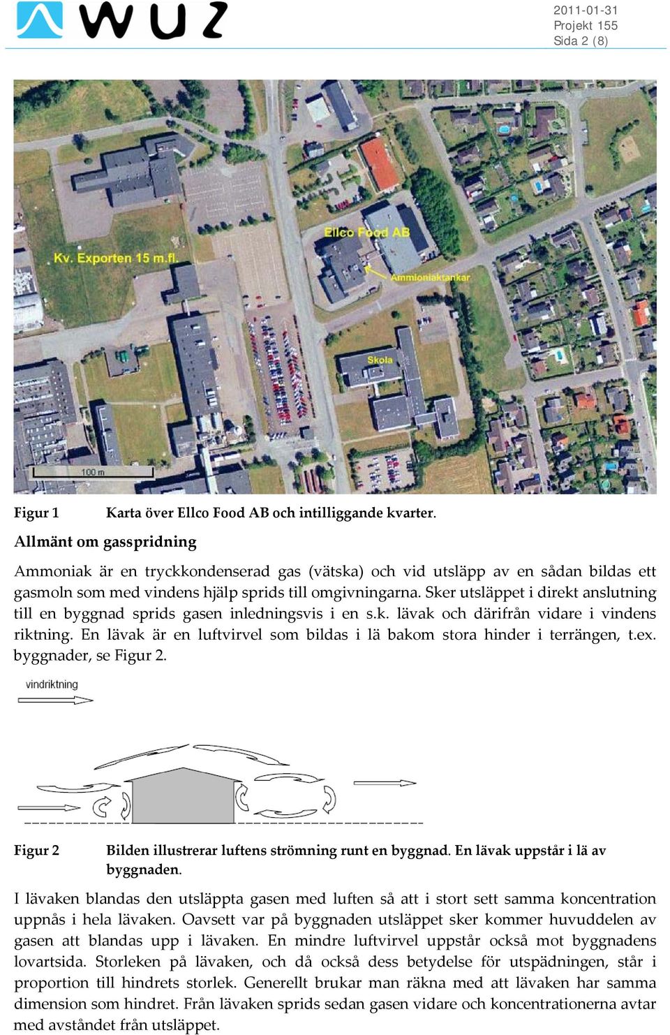 Sker utsläppet i direkt anslutning till en byggnad sprids gasen inledningsvis i en s.k. lävak och därifrån vidare i vindens riktning.