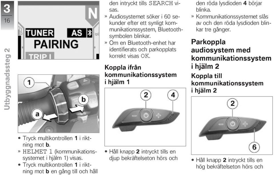 Koppla ifrån i hjälm 1 den röda lysdioden 4 börjar Kommunikationssystemet slås av och den röda lysdioden blinkar tre gånger.