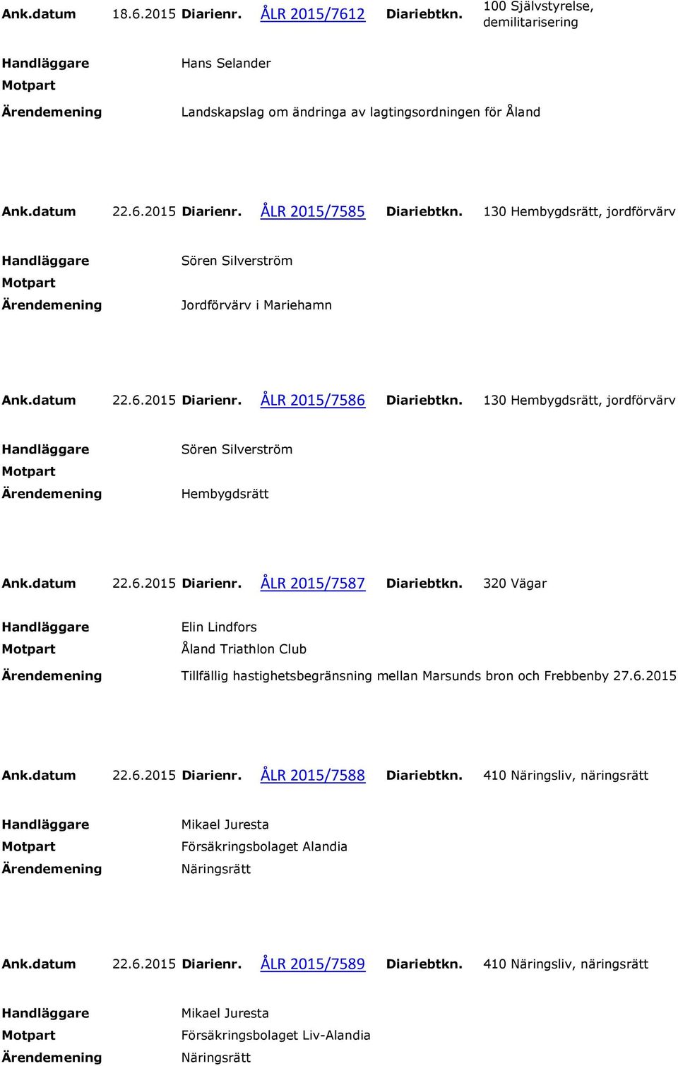 datum 22.6. Diarienr. ÅLR /7587 Diariebtkn. 320 Vägar Åland Triathlon Club Tillfällig hastighetsbegränsning mellan Marsunds bron och Frebbenby 27.6. Ank.datum 22.6. Diarienr. ÅLR /7588 Diariebtkn.