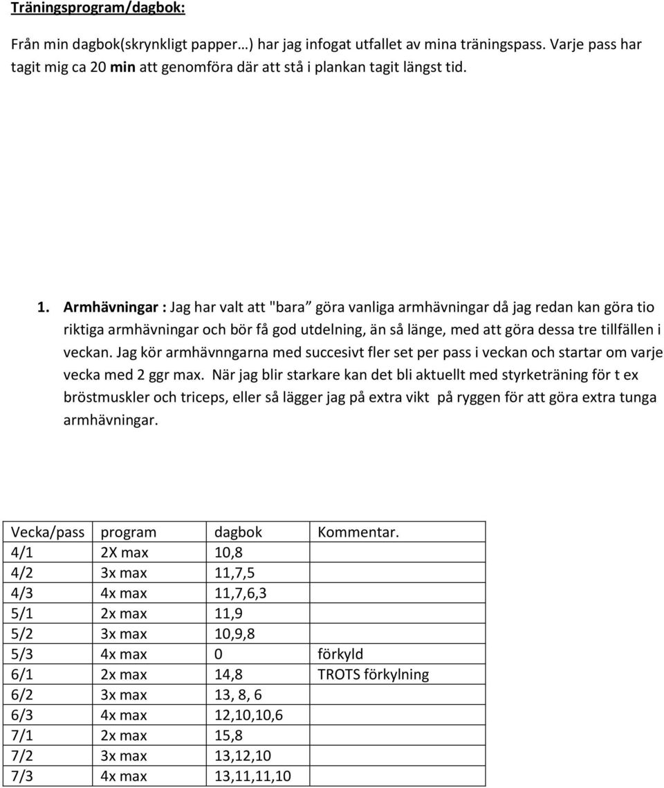 Jag kör armhävnngarna med succesivt fler set per pass i veckan och startar om varje vecka med 2 ggr max.