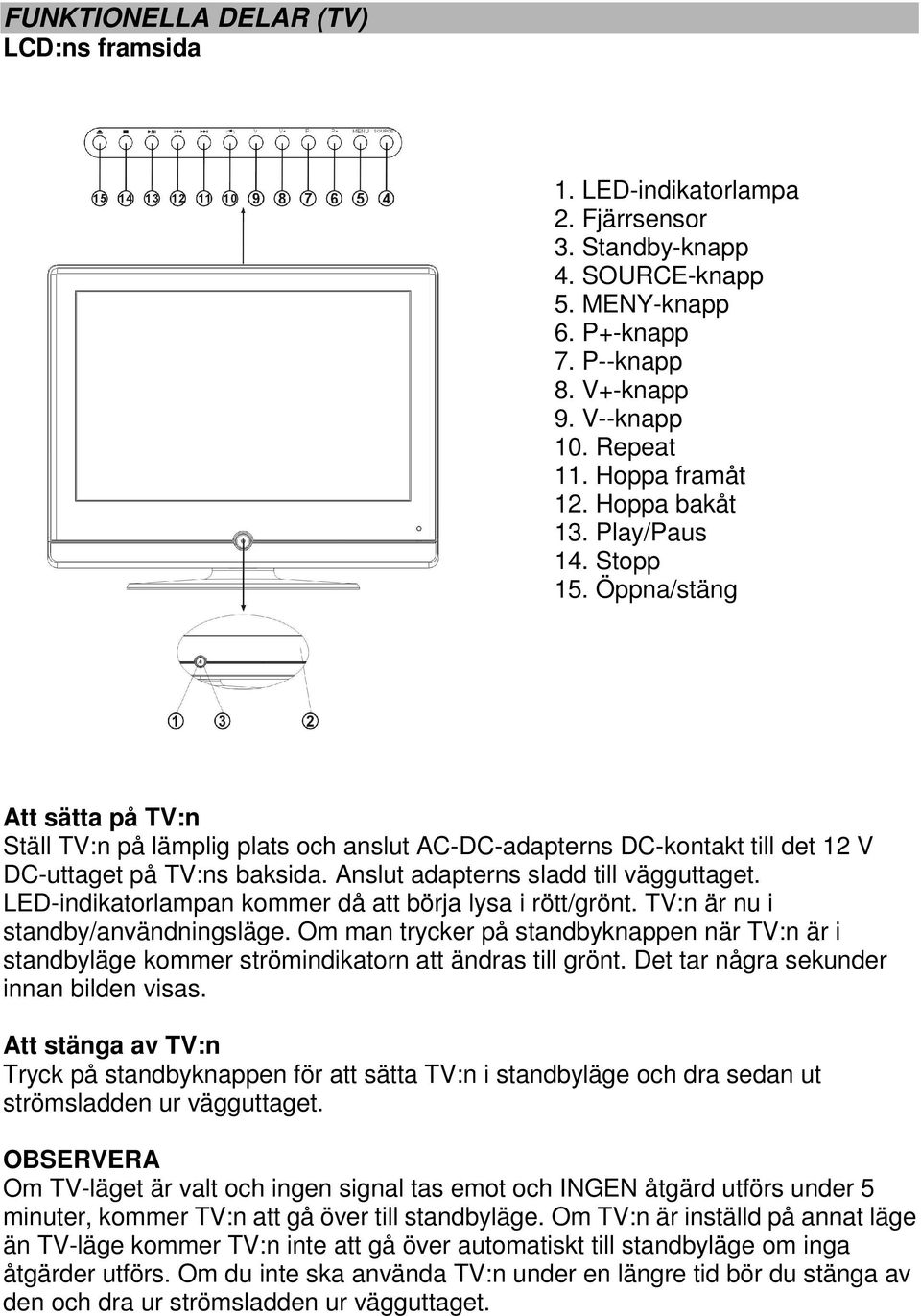 Anslut adapterns sladd till vägguttaget. LED-indikatorlampan kommer då att börja lysa i rött/grönt. TV:n är nu i standby/användningsläge.