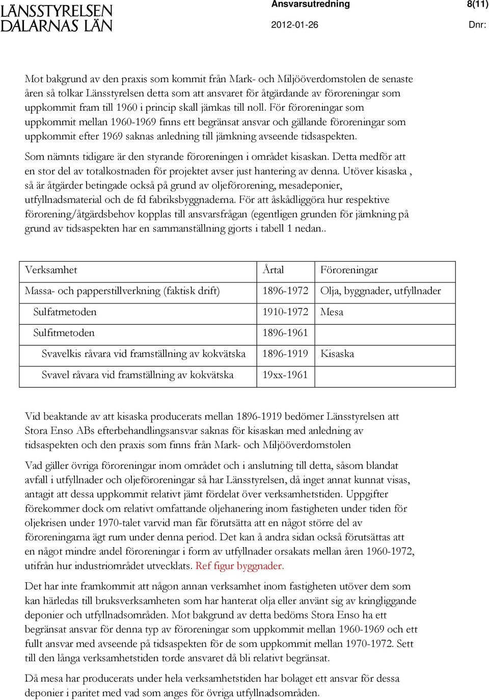 För föroreningar som uppkommit mellan 1960-1969 finns ett begränsat ansvar och gällande föroreningar som uppkommit efter 1969 saknas anledning till jämkning avseende tidsaspekten.