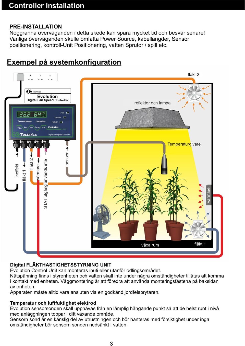 Exempel på systemkonfiguration fläkt 2 reflektor och lampa Temperaturgivare ineffekt fläkt 1 fläkt 2 värmare STAT utgång används inte sensor värmare växa rum fläkt 1 Digital FÄKTHASTIGHETSSTYRIG UIT