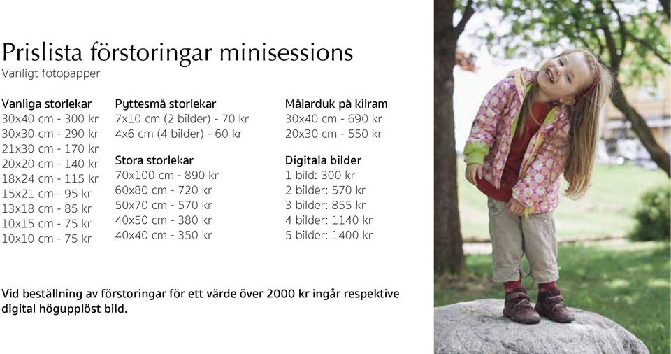 - 890 kr 60x80 cm - 720 kr 50x70 cm - 570 kr 40x50 cm - 380 kr 40x40 cm - 350 kr Målarduk på kilram 30x40 cm - 690 kr 20x30 cm - 550 kr Digitala bilder 1 bild: 300 kr