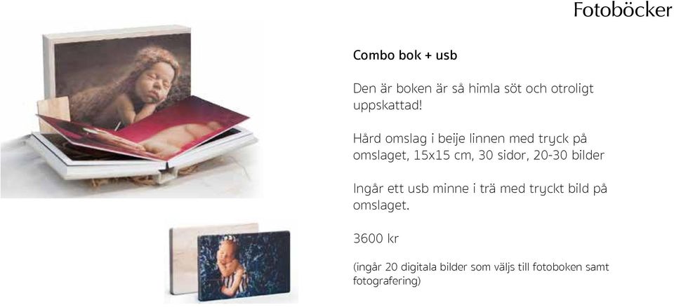 Hård omslag i beije linnen med tryck på omslaget, 15x15 cm, 30 sidor,