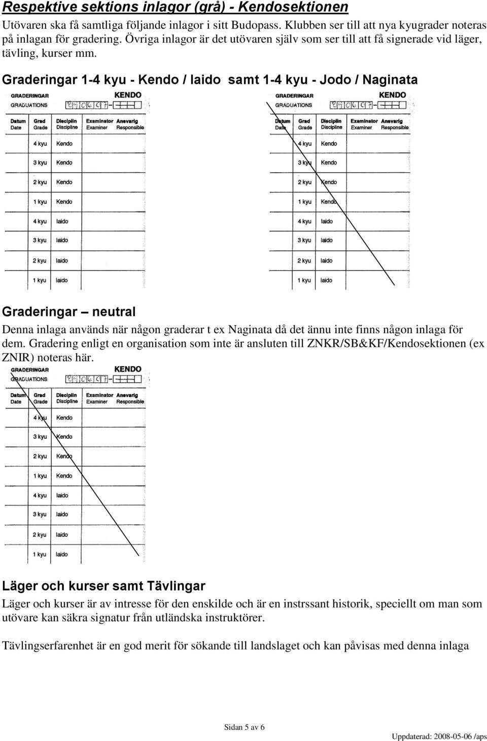 Graderingar 1-4 kyu - Kendo / Iaido samt 1-4 kyu - Jodo / Naginata Graderingar neutral Denna inlaga används när någon graderar t ex Naginata då det ännu inte finns någon inlaga för dem.