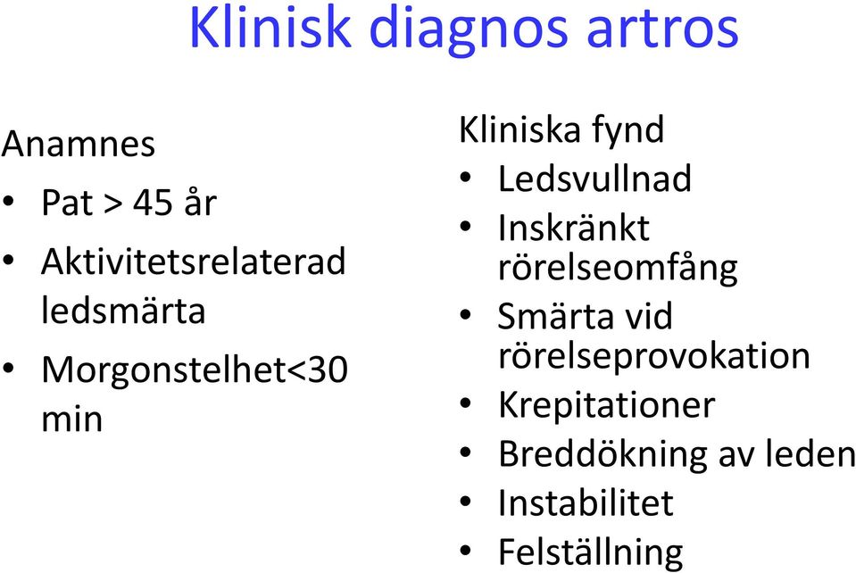 Kliniska fynd Ledsvullnad Inskränkt rörelseomfång Smärta