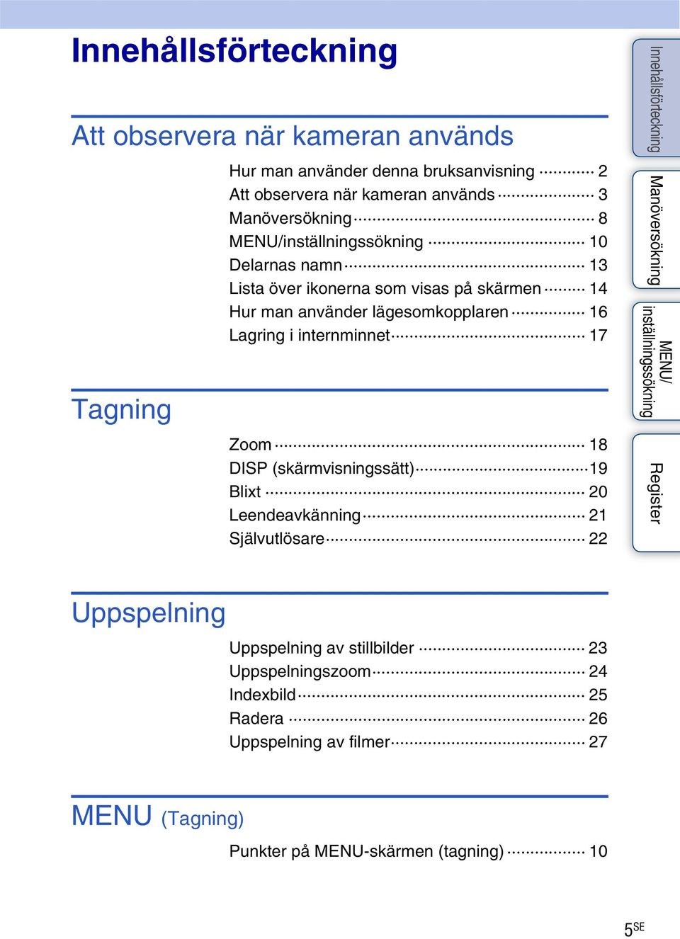 Lagring i internminnet 17 Zoom 18 DISP (skärmvisningssätt) 19 Blixt 20 Leendeavkänning 21 Självutlösare 22 Uppspelning Uppspelning