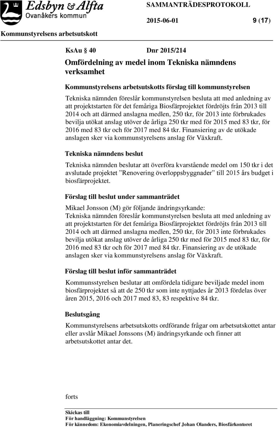 bevilja utökat anslag utöver de årliga 250 tkr med för 2015 med 83 tkr, för 2016 med 83 tkr och för 2017 med 84 tkr. Finansiering av de utökade anslagen sker via kommunstyrelsens anslag för Växkraft.