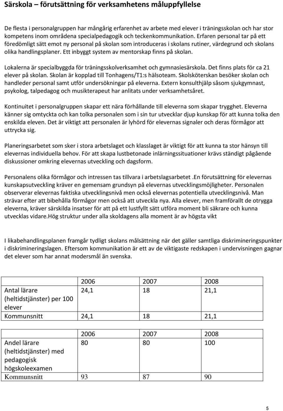 Ett inbyggt system av mentorskap finns på skolan. Lokalerna är specialbyggda för träningsskolverksamhet och gymnasiesärskola. Det finns plats för ca 21 elever på skolan.